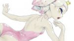  +_+ 1girl ass back blush crown domino_mask eyeshadow fangs highres hime_(splatoon) koharu2.5 looking_at_viewer looking_back makeup mask mole mole_under_mouth multicolored_hair pink_swimsuit pointy_ears solo splatoon_(series) splatoon_2 suction_cups swimsuit tentacle_hair 