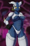  2019 alien angry anthro armor big_breasts breasts clothed clothing digital_media_(artwork) e-zoid ear_piercing ear_ring female hairless hands_on_hips hi_res looking_at_viewer machine mouthless muscular not_furry partially_clothed piercing pinup pose robot solo standing under_boob wide_hips 