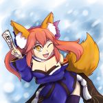  1:1 2017 5_fingers accessory amber_eyes animal_humanoid armwear blue_clothing blue_legwear breasts brown_body brown_fur canid canid_humanoid canine canine_humanoid caster_tamamo-no-mae cleavage clothed clothing detached_sleeves digital_media_(artwork) eyebrows eyelashes fangs fate_(series) female fingers fox_humanoid fur hair hi_res humanoid legwear mammal mammal_humanoid one_eye_closed open_mouth pink_hair solo standing tongue unknownlifeform video_games 