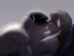  1boy 1girl bangs bare_shoulders bkush black_hair blonde_hair breasts closed_eyes doya eyebrows_visible_through_hair forehead_kiss from_side fullmetal_alchemist grey_background hair_between_eyes hand_on_another&#039;s_head hetero hug kiss long_hair looking_at_another nude parted_lips riza_hawkeye roy_mustang sex simple_background sweat sweatdrop upper_body 