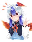  1girl ahoge blue_hair blush brown_eyes closed_mouth eyebrows_visible_through_hair gunsou1350 head_wings highres long_sleeves looking_at_viewer medium_hair silver_hair smile solo tokiko_(touhou) touhou upper_body 