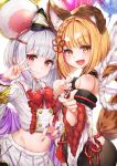 2girls :d absurdres animal_ear_fluff animal_ears balloon bangs bare_shoulders black_legwear blonde_hair blush bow braid collared_shirt detached_sleeves dog_ears erune eyebrows_visible_through_hair fake_animal_ears fang granblue_fantasy hair_bow hair_ornament hairclip heart highres hyouta_(yoneya) lips long_sleeves looking_at_viewer midriff mouse_ears multiple_girls navel new_year open_mouth pantyhose pleated_skirt red_eyes rope shimenawa shirt short_hair silver_hair simple_background skirt smile tail upper_body v vajra_(granblue_fantasy) vikala_(granblue_fantasy) white_background white_shirt white_skirt wide_sleeves 