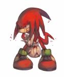  2012 anthro blood bluekomadori bodily_fluids clenched_teeth clothing dripping echidna footwear fur gloves handwear knuckles_the_echidna male mammal monotreme one_eye_closed purple_eyes red_body red_fur shoes simple_background solo sonic_the_hedgehog_(series) standing teeth white_background 