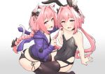  2boys absurdres animal_ears astolfo_(fate) astolfo_(saber)_(fate) bangs bare_shoulders black_bow black_legwear black_panties blush bow braid bulge bunny_ears cat_ears cat_tail cloak commentary_request eyebrows_visible_through_hair fang fate/apocrypha fate/grand_order fate_(series) fur-trimmed_cloak fur_trim hair_bow hair_intakes hair_ribbon highres jacket jtleeklm long_braid long_hair looking_at_viewer male_focus multicolored_hair multiple_boys multiple_views navel open_mouth otoko_no_ko panties pantyhose pink_hair purple_eyes purple_jacket ribbon simple_background single_braid smile streaked_hair swimsuit tail thighhighs underwear white_background white_hair 