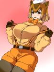  animal_humanoid belt big_breasts blush bottomwear bow_tie breasts brown_eyes brown_hair capybara_(kemono_friends) capybara_humanoid clothed clothing female gloves hair handwear humanoid inner_ear_fluff isna kemono_friends legwear mammal mammal_humanoid overalls rodent rodent_humanoid shirt short_hair shorts smile solo teeth tights topwear towel tuft 