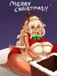  anthro antlers blush bodily_fluids breasts capreoline cervid christmas clothing eyebrow_through_hair eyebrows fur hair holidays horn inake kneeling mammal outside red_clothing reindeer sky solo spots star starry_sky sweat tan_hair translucent translucent_hair 