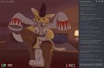  2019 anthro bed breasts canid canine chat clothed clothing cosplay costume digimon digimon_(species) discord_(chat) female fur furniture headgear headwear hi_res hyenatig_(artist) legwear livestream looking_at_viewer mammal no_underwear presenting presenting_pussy pussy renamon sitting smile solo stockings taomon text thick_thighs uniform upskirt yellow_body yellow_fur 