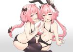  2boys absurdres alternate_costume animal_ears artist_name astolfo_(fate) astolfo_(saber)_(fate) bangs bare_shoulders black_bow black_legwear blush bow braid bulge bunny_ears cat_ears commentary_request eyebrows_visible_through_hair fang fate/apocrypha fate/grand_order fate_(series) hair_bow hair_intakes hair_ribbon highres jtleeklm long_braid long_hair looking_at_viewer male_focus multicolored_hair multiple_boys multiple_views navel open_mouth otoko_no_ko pantyhose pink_hair purple_eyes ribbon simple_background single_braid smile streaked_hair swimsuit thighhighs white_background white_hair 
