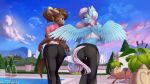  2020 anthro anthrofied bottomwear butt clothing cloud discordthege duo equid equine fan_character leggings legwear mammal my_little_pony pants pterippus sky swimming_pool wings 