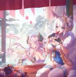  3girls animal_ear_fluff animal_ears azur_lane bangs bare_shoulders bell black_gloves blue_eyes blunt_bangs blush braid breasts china_dress chinese_clothes cleavage cleavage_cutout commentary_request covered_navel crossover crown_braid double_bun draph dress eating eyeliner fate/grand_order fate_(series) fingerless_gloves fox_ears fox_mask gloves granblue_fantasy hair_bell hair_ornament hair_over_one_eye horns jingle_bell kaga_(azur_lane) lantern large_breasts long_hair looking_down makeup mask mask_on_head mitsu_(mitsu_art) multiple_girls multiple_tails naked_towel narmaya_(granblue_fantasy) onsen open_mouth oriental_umbrella outdoors paper_lantern patreon_username pelvic_curtain pink_hair scarf short_dress short_hair sidelocks sitting snowball snowing steam tagme tail tamamo_(fate)_(all) tamamo_no_mae_(fate) thighhighs towel umbrella wading white_hair white_legwear white_scarf wince yokozuwari 