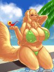  2019 anthro bendy_straw bird_dog blue_sky blush breasts canid canine canis cloud cocktail_glass day domestic_dog female fur golden_retriever green_bikini holding_glass holding_object hunting_dog inake mammal nipple_outline partially_submerged retriever sitting sky solo straw water 