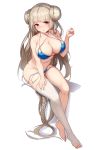  1girl absurdres alternate_costume azur_lane bangs bare_shoulders barefoot bikini blue_bikini blush braid braided_bun breasts choker cleavage closed_mouth collarbone covered_nipples double_bun eyelashes formidable_(azur_lane) formidable_(the_lady_of_the_beach)_(azur_lane) hand_on_own_thigh hand_up highres invisible_chair large_breasts lips long_hair looking_at_viewer multi-strapped_bikini red_eyes shadow shiny shiny_hair silver_hair simple_background single_thighhigh sitting smile solo swimsuit thighhighs thighs toeless_legwear untied untied_bikini very_long_hair white_background white_legwear yusan 