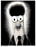  2019 beaker_(character) big_nose border bruce_mccorkindale clothing eraserhead glowing hair looking_at_viewer monochrome muppet muppets necktie signature spiky_hair suit white_border 