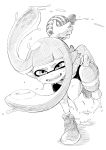  1girl action bangs bike_shorts black_shorts blunt_bangs commentary domino_mask fangs greyscale highres inkling long_hair looking_at_viewer mask monochrome paint_splatter pointy_ears shiromanta shoes shorts single_vertical_stripe sneakers solo splat_bomb_(splatoon) splatoon_(series) splatoon_1 splattershot_(splatoon) squidbeak_splatoon suction_cups super_soaker tentacle_hair thick_eyebrows 