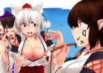  5girls :d absurdres animal_ears blush breasts brown_hair cleavage commentary_request day face_painting fangs from_behind grin hair_between_eyes hair_ribbon hakurei_reimu hands_up hat highres himekaidou_hatate holding_brush huge_filesize inubashiri_momiji japanese_clothes kimono kimono_pull kirisame_marisa kourindou_tengu_costume long_hair looking_at_another looking_back medium_breasts medium_hair miko multiple_girls no_bra open_mouth pom_pom_(clothes) pulled_by_another purple_eyes purple_ribbon red_eyes ribbon ribbon-trimmed_sleeves ribbon_trim shameimaru_aya shirokaba114 silver_hair smile teamwork tokin_hat touhou twintails upper_body white_hair wide_sleeves witch wolf_ears wolf_girl yuri 