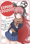  1girl 2020 absurdres ahoge akeome animal_ear_headphones animal_ears bang_dream! bangs black_jacket blazer blue_eyes blue_skirt blush brown_scarf character_name chinese_zodiac chu2_(bang_dream!) commentary_request crossed_arms happy_new_year headphones highres jacket long_hair long_sleeves looking_at_viewer miniskirt mouse_ears new_year plaid plaid_skirt pleated_skirt red_hair scarf signature skirt solo translation_request ueda_kazuyuki v-shaped_eyebrows very_long_hair white_background year_of_the_rat 