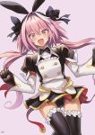  1boy astolfo_(fate) astolfo_(saber)_(fate) bangs black_bow black_gloves black_legwear black_panties black_ribbon blush bow bowtie fate_(series) gloves hair_bow hair_intakes hair_ribbon highres long_hair long_sleeves looking_at_viewer meme50 multicolored_hair open_clothes otoko_no_ko panties pink_hair purple_eyes ribbon smile solo streaked_hair thighhighs twintails underwear white_hair 