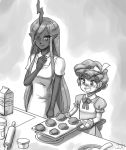  apron baking clothing cozy_glow_(mlp) duo female food freckles friendship_is_magic horn horned_humanoid human humanoid john_joseco mammal muffin my_little_pony oven_mitts piercing queen_chrysalis_(mlp) slit_pupils 