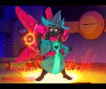  3_toes 4_fingers black_body black_fur blush bovid caprine clothing deltarune eyewear fangs fingers fire fireball fur futuristic glasses goat hat headgear headwear horn htecore jet_pack magic male mammal ralsei robe smile snout toes video_games white_eyes 