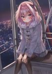  1boy absurdres astolfo_(fate) bangs black_bow black_legwear blush bow city cityscape closed_mouth contemporary eyebrows_visible_through_hair fate/grand_order fate_(series) ferris_wheel fur-trimmed_jacket fur_trim grey_jacket grey_skirt hair_bow hair_intakes hands_on_own_knees highres jacket long_hair long_sleeves looking_at_viewer male_focus miniskirt mochi_nabe multicolored_hair night otoko_no_ko pantyhose pink_hair pleated_skirt purple_eyes sitting skirt solo streaked_hair thighband_pantyhose 
