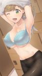  1girl armpits blue_bra blush bouncing_breasts bra breasts brown_hair cleavage collarbone commentary_request cowboy_shot eyebrows_visible_through_hair fang green_eyes highres indoors inuyama_aoi large_breasts long_hair midriff motion_blur navel one_eye_closed open_mouth panties panties_under_pantyhose pantyhose short_eyebrows side_ponytail skin_fang solo thick_eyebrows underboob underwear undressing urigarasu yurucamp 