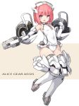  1girl :d aikawa_aika alice_gear_aegis armpit_crease bangs bare_shoulders blush breasts brown_background commentary_request copyright_name elbow_gloves eyebrows_visible_through_hair full_body gloves grey_legwear groin gun headgear highres holding holding_gun holding_weapon karukan_(monjya) leotard looking_at_viewer mecha_musume open_mouth pink_hair purple_eyes revision small_breasts smile solo thighhighs two-tone_background weapon white_background white_gloves white_leotard 