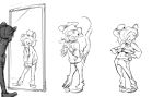  anthro blush bottomwear clothing dragon embarrassed female group hair hypno-hatter mammal mirror monochrome mouse murid murine navel open_mouth pants ponytail rodent shirt standing surprise topwear transformation young 