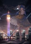  1girl armpit_peek arms_up bare_shoulders barefoot blue_eyes blue_hair blurry blurry_background canton_tower chromatic_aberration cityscape cloud commentary_request depth_of_field detached_sleeves floating flower folded_leg full_moon guangzhou hair_flower hair_ornament houraisan_chouko leg_lift looking_at_viewer moon night outdoors searchlight see-through_sleeves shirt short_hair_with_long_locks sidelocks skirt solo star_(sky) touhou tsukumo_benben water white_skirt yellow_shirt 