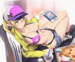  1girl alternate_costume artoria_pendragon_(all) bangs baseball baseball_cap bikini blonde_hair blue_shorts blush breasts cleavage cup fate/grand_order fate_(series) food french_fries hair_between_eyes handheld_game_console hat holding_handheld_game_console jacket large_breasts long_hair long_sleeves looking_at_viewer monster_hunter_xx mysterious_heroine_xx_(foreigner) navel nintendo nintendo_switch open_clothes open_jacket parfaitlate pink_headwear pizza ponytail short_shorts shorts sitting solo swimsuit thighs yellow_jacket 