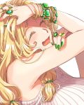  1girl armpits bare_shoulders blonde_hair blush bracelet breasts emerald_(gemstone) eyelashes fate/grand_order fate_(series) gem green_eyes green_nails hair_ornament highres jewelry large_breasts long_hair nail_polish quetzalcoatl_(fate/grand_order) ring simple_background sleeveless_sweater smile solo sweat yukataro 