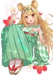  1girl animal_ears arm_up blonde_hair checkered checkered_kimono floral_background flower full_body gem geta green322 green_hakama hakama hand_on_own_chest highres hikari_(xenoblade_2) japanese_clothes kemonomimi_mode kimono long_hair long_sleeves looking_at_viewer mouse_ears obi open_mouth red_flower sash solo spread_fingers straight_hair tabi tiara very_long_hair white_flower white_legwear wide_sleeves xenoblade_(series) xenoblade_2 yellow_eyes yukata 