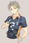  1boy brown_hair collar collarbone collared_shirt grey_background grin haikyuu!! looking_at_viewer male_focus mole mole_under_eye number pulling shirt short_hair short_sleeves simple_background smile solo sportswear sugawara_koushi t-shirt teeth toujou_sakana uniform upper_body volleyball_uniform yellow_eyes 