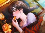  black_hair blush braids breasts cleavage food fruit kotatsu original tajima_yukie winter yellow_eyes 