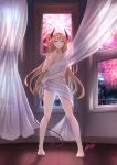  1girl arazand artist_name bangs blonde_hair breasts commentary_request curtain_grab curtains demon_horns demon_tail eyebrows_visible_through_hair fireworks full_body highres horns indoors large_breasts looking_at_viewer nude original solo standing tail 