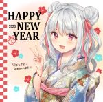  1girl 2020 :d checkered commentary_request double_bun floral_background floral_print furisode hair_ribbon happy_new_year japanese_clothes kimono long_hair long_sleeves nazuna_shizuku nengajou new_year obi open_mouth original print_kimono red_ribbon ribbon sash silver_hair smile solo translation_request upper_body v wide_sleeves 