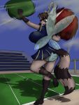  anthro antlers big_breasts breasts brown_hair cheerleader clothing dress female hair horn insect_wings mammal open_mouth panties procyonid raccoon sailoranna solo underwear wings 