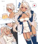  1boy 1girl ahoge azur_lane bare_shoulders bathing black_gloves blonde_hair blush bow breasts brooklyn_(azur_lane) cleavage commander_(azur_lane) dark_skin elbow_gloves eyebrows_visible_through_hair gloves hamuhamu_hamuo heart large_breasts long_hair looking_at_viewer manjuu_(azur_lane) naked_shirt red_eyes shirt sleeping spoken_heart thighhighs very_long_hair wavy_hair 