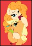  absurd_res apple applejack_(mlp) black_border border daughter digital_media_(artwork) duo earth_pony equid equine eyelashes female food friendship_is_magic fruit green_eyes hi_res horse looking_at_viewer mammal mother mother_and_child mother_and_daughter my_little_pony open_mouth parent parent_and_child pear pear_butter_(mlp) plant pony simple_background zajice 