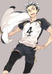  1boy black_hair black_legwear black_shorts bokuto_koutarou collarbone grey_background grey_hair haikyuu!! hand_on_hip holding holding_clothes holding_jacket jacket knee_pads long_sleeves looking_at_viewer male_focus multicolored_hair number open_mouth shirt short_hair short_sleeves shorts simple_background solo spiked_hair sportswear t-shirt teeth toujou_sakana track_jacket two-tone_hair uniform volleyball_uniform white_jacket yellow_eyes 