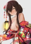  1girl akagi_(kantai_collection) alternate_hairstyle bangs bare_shoulders blurry blurry_background blush breasts brown_eyes brown_hair eyebrows_visible_through_hair floral_print grey_background hair_between_eyes hair_censor hair_ornament highres japanese_clothes kagura_miyabi kantai_collection lantern large_breasts long_hair open_mouth simple_background solo sweat 
