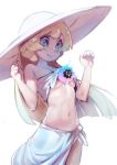  1girl bangs bikini bikini_lift blonde_hair blue_eyes blunt_bangs braid breasts cosmog gen_7_pokemon hat highres lillie_(pokemon) navel pokemon pokemon_(creature) pokemon_(game) pokemon_sm sarong sho-n-d simple_background small_breasts smile stomach sun_hat swimsuit underboob 