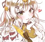  1girl blush brown_eyes brown_hair character_name commentary_request flower girls_frontline hair_ornament hairclip hanbok happy_new_year heart highres k-2_(girls_frontline) korean_clothes long_hair long_sleeves looking_at_viewer mocohi123 new_year parted_lips simple_background smile solo twitter_username upper_body white_background white_flower 