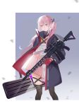  1girl absurdres ar-15 assault_rifle bangs black_legwear blush collar dress eyebrows_visible_through_hair girls_frontline gloves grey_background grey_eyes grey_ribbon gun hair_between_eyes hair_ornament hair_ribbon highres holding holding_gun holding_suitcase holding_weapon jacket long_hair looking_at_viewer minthusky one_side_up parted_lips pink_hair pink_skirt red_gloves ribbon rifle scope side_ponytail sidelocks simple_background skirt solo st_ar-15_(girls_frontline) standing suitcase thigh_strap thighhighs upper_body weapon 