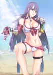  1girl absurdres asymmetrical_gloves bangs beach bikini blue_sky blunt_bangs blunt_ends bow bracer breasts cleavage cloud collarbone cowboy_shot cross_choker day elbow_gloves fate/grand_order fate_(series) filigree gauntlets gloves hair_bow hand_on_own_chest head_tilt highres hime_cut knee_up knees large_bow legs light40boy light_rays lips long_hair looking_at_viewer looking_to_the_side navel ocean open_palm purple_hair red_bow red_gloves ribbon-trimmed_gloves ribbon_trim saint_martha saint_martha_(swimsuit_ruler)_(fate) sand sky solo sunlight swimsuit thigh_strap tide very_long_hair white_bikini white_bow 