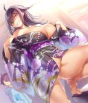  1boy 1girl aqua_hoodie belt blush breasts closed_mouth eyebrows_visible_through_hair genderswap hair_between_eyes japanese_clothes kimono large_breasts long_hair looking_at_viewer naked_kimono nipples original purple_eyes purple_kimono short_hair smile yamaarashi yukata 