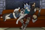  african_wild_dog anthro arctic-sekai blue_hair breasts brown_hair canid canine canis chest_tuft clothed clothing female fur furniture hair inside male mammal off_shoulder raining scar shirt sofa tank_top topwear tuft white_body white_fur wolf 