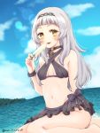  1girl bangs bare_shoulders bikini blunt_bangs blush bracelet breasts cloud food groin headband highres hololive jewelry lens_flare long_hair looking_at_viewer mao_hinata murasaki_shion navel ocean orange_eyes outdoors popsicle sitting sky small_breasts solo swimsuit virtual_youtuber white_hair 