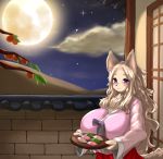  2019 anthro blush branch breasts chest_tuft clothing cloud female fur holding_object inake leaf mammal moon night_sky pink_clothing purple_eyes red_clothing sky solo star starry_sky tuft 