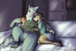  2019 anthro butt canid canine canis cervid clothed clothing cuddling dark_lighting duo fur furniture josiah_(themuffinly) male male/male mammal samuel_(themuffinly) sofa themuffinly wolf 