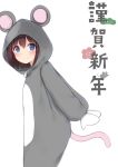  1girl animal_costume animal_ears animal_hood bangs blue_eyes blush brown_hair chinese_zodiac closed_mouth commentary_request eyebrows_visible_through_hair fake_animal_ears hair_between_eyes highres hood hood_up kake_kan long_sleeves mittens mouse_costume mouse_ears mouse_girl mouse_hood mouse_tail original puffy_long_sleeves puffy_sleeves short_hair simple_background smile solo tail translation_request white_background white_mittens year_of_the_rat 